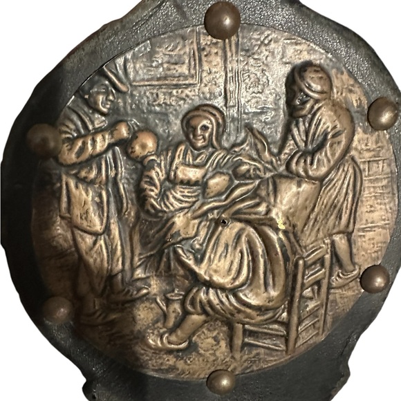 Antique Fireplace Dutch Bellows Copper Hammered Medieval Scene Wood/Leather - Picture 6 of 6